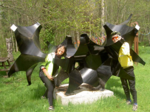 Gillian Chee and Glenda Kirk adorning an interesting Sculpture at Monarch Sculpture Park