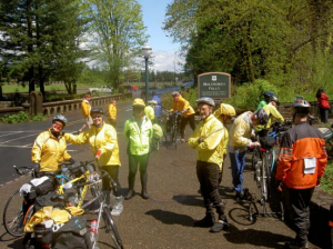 A group of “posers” while John Hurley (right) changes his inner tube at Multnomah Falls!