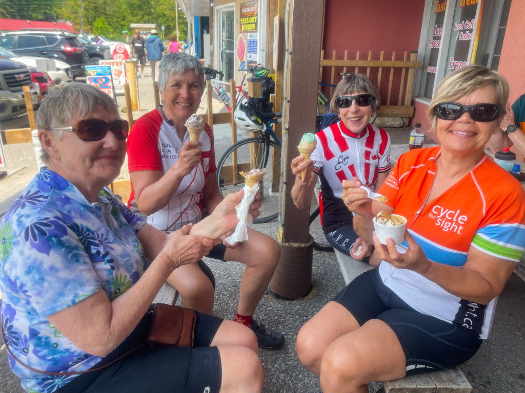 A group of women sitting on a bench eating ice cream

Description automatically generated