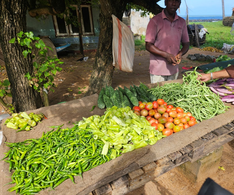 A person standing next to a table full of vegetables

Description automatically generated